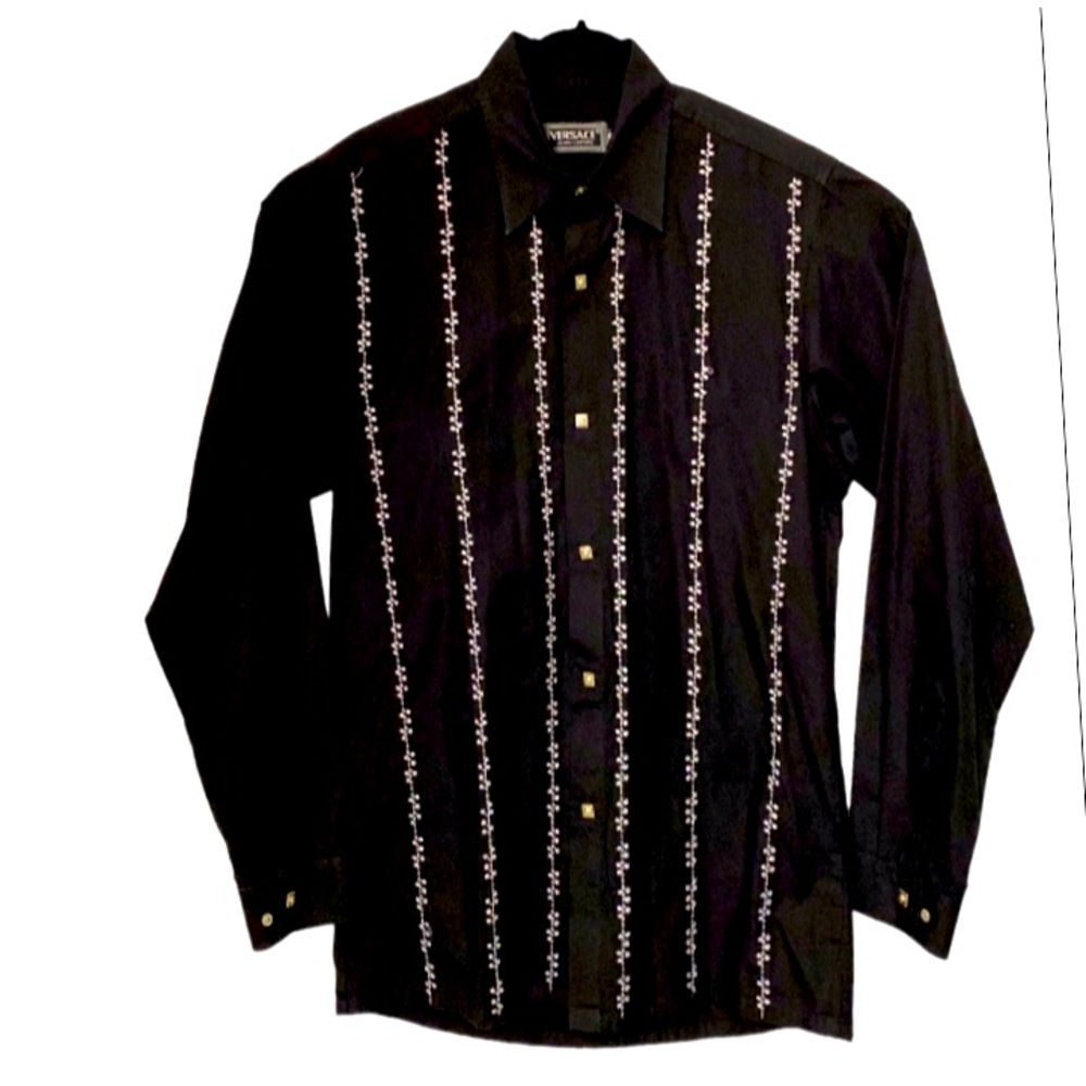V Embroidery Bottom Up Long Sleeve Cotton Spandex Black T-shirt Size XXL